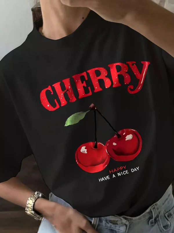 Cherry Blossom Graphic Print Crew Neck T-Shirt - Women's Casual Short Sleeve Summer & Spring Top -