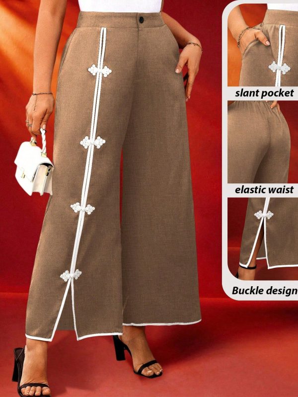 Plus Size Women Chinese-Style Button Contrast Color Design Loose Straight Leg Pants, Chinese New Year, Holiday