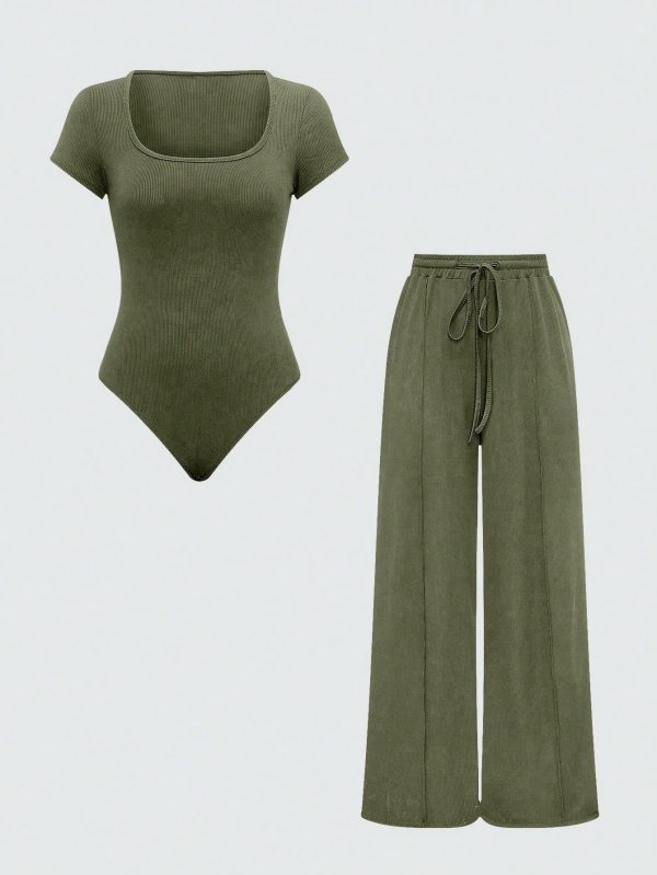 Solid Color Bodysuit And Wide Leg Pants 2pcs Set