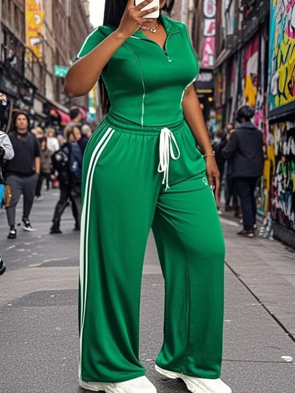 2pcs Plus Size Women Sports Suit - Fitted Short Sleeve Zip-Up Color Block Crop Top And Wide Leg Pants, Casual Loungewear Set, Spring/Summer,Holiday Outfits