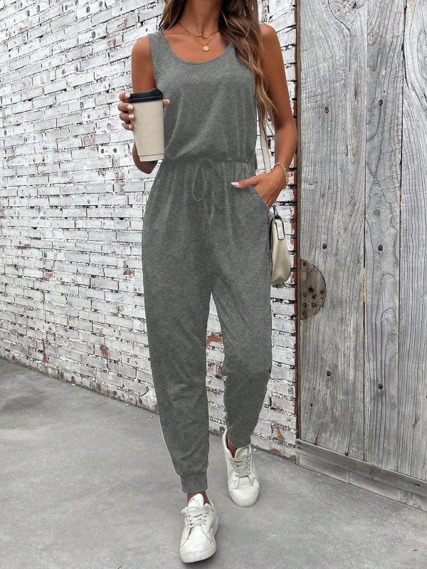 Women's Solid Color Jumpsuit With Adjustable Straps And Ankles, Simple And Stylish For Summer