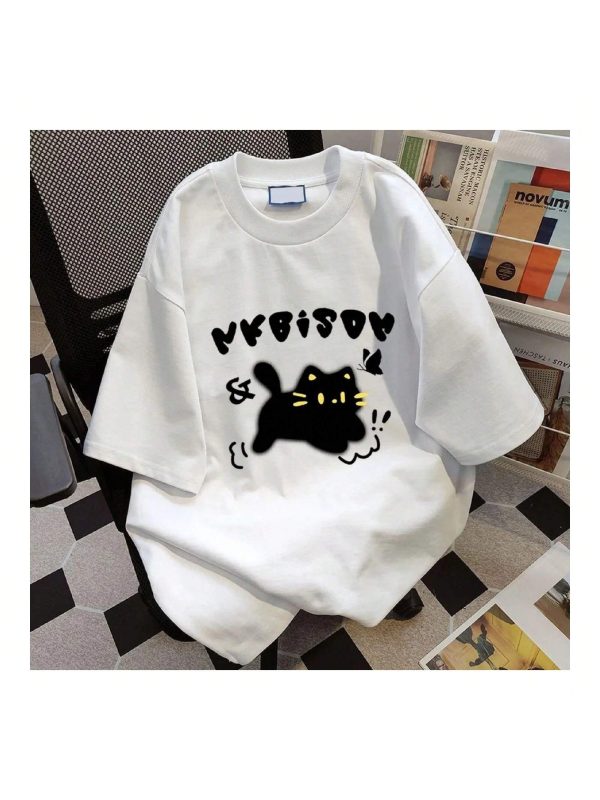 Kawaii Cat Printed Women T-Shirt Harajuku 2025 Summer Short Sleeve T Shirt Female Fashion White Clothing Unisex Streetwear Tops