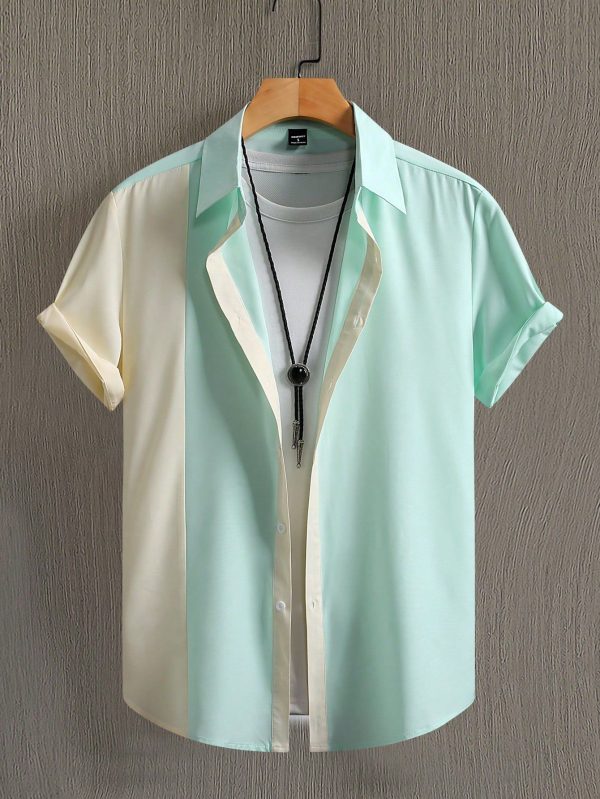 Men's Contrast Color Short Sleeve Single-Breasted Casual Commuter Shirt Cool Shirts For Men
