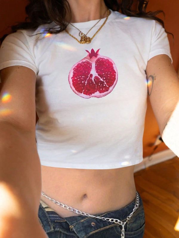 Academic Style T-Shirt With Pomegranate Pattern, Fruit Print Sexy Crop Top, Slim-Fitting Y2K T-Shirt, Retro Short Sleeve Top For Women, Casual, Summer