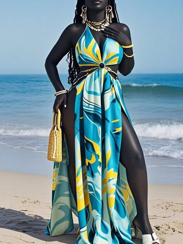 Women's Vacation Sexy Marble Print High Slit Backless Halter Dress