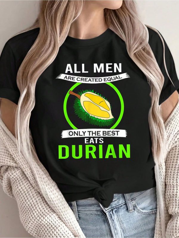 100% Cotton Funny Durian Asian Tropical Fruit Men Shirt Print Women's Gift T-Shirt, Round Crew Neck Soft Short Sleeve T-Shirt For Spring Summer, Fun Graphic Tops T-Shirts For Women