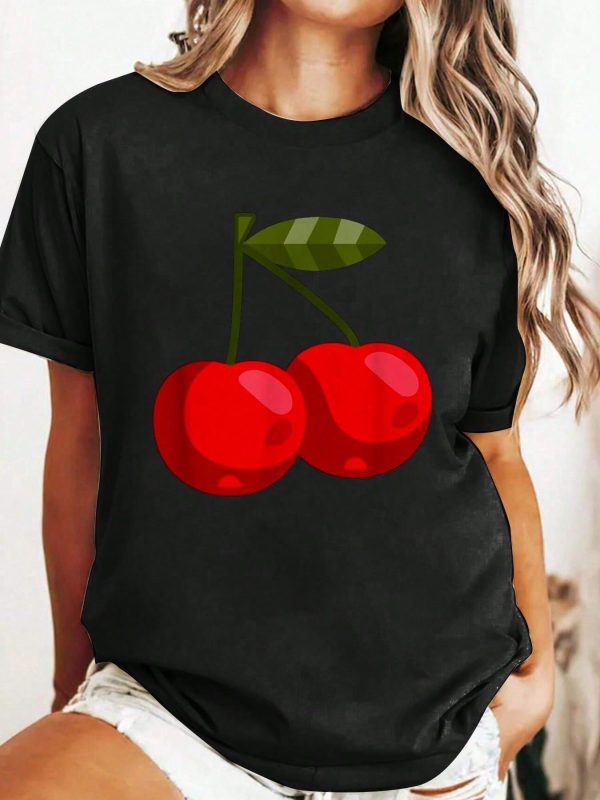 Red Cherries Shirt Trending Cherry Graphic T-Shirt 100% Cotton Print Crew Neck Short Sleeve Casual T-Shirt Graphic Tees Women Tops
