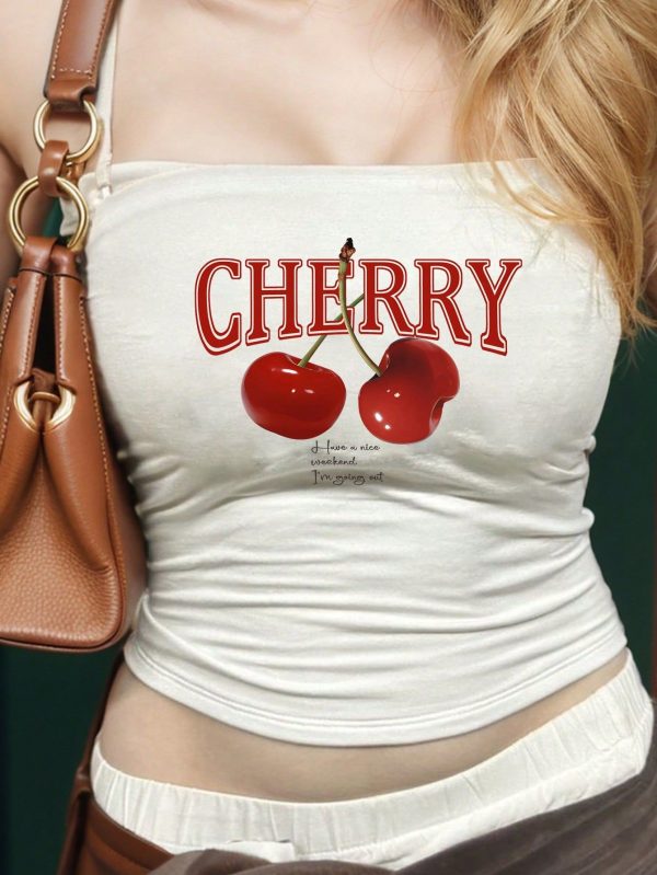 Casual Cherry Print Sexy Camisole Tank Top, Slim Fit Women Blouse, Suitable For Summer