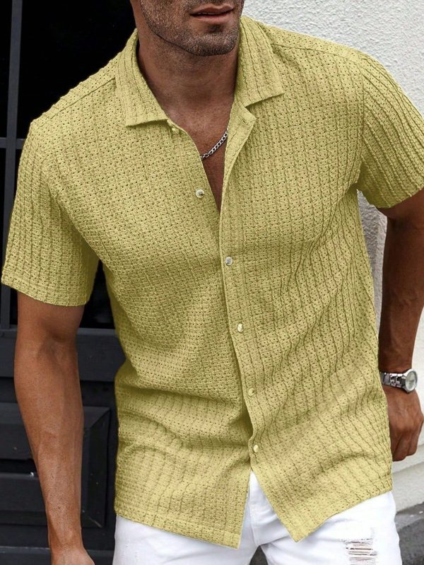 Men's Summer Solid Color Casual Textured Mesh Pullover Cuban Short Sleeve Shirt Beach Outfits For Men Men Shirt Co Ords Men Clothing Men Shirt Co Ords Men Summer Shirts