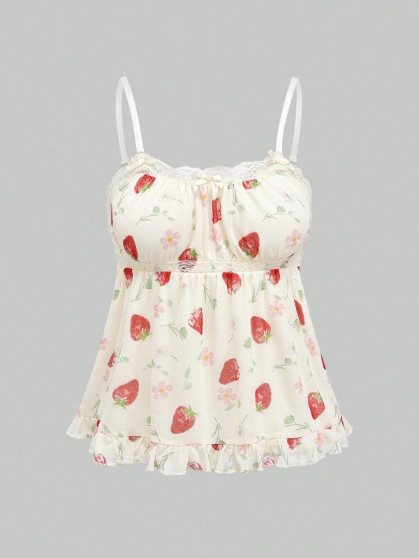 Strawberry Print Ruffle Hem Babydoll Cami Top For Summer, School