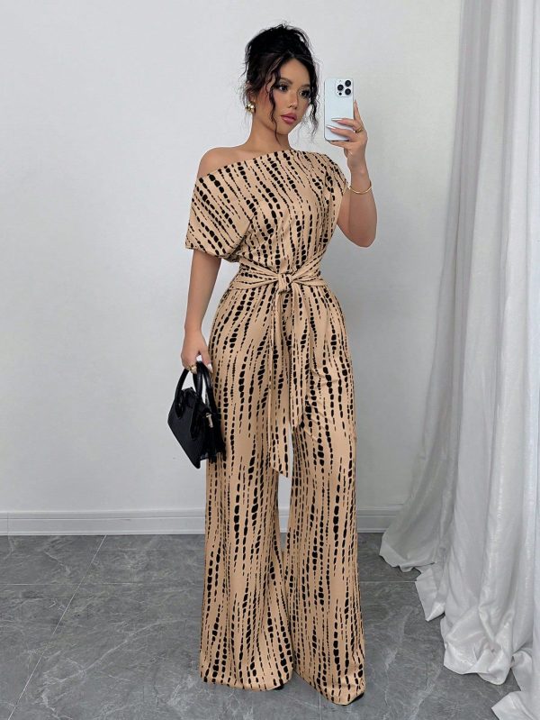 Women's Tie-Dye Printed Asymmetric Collar Wide Leg Jumpsuit, Suitable For Dates, Work, Vacation, Holidays, Casual Wear In Summer, Bohemian Style