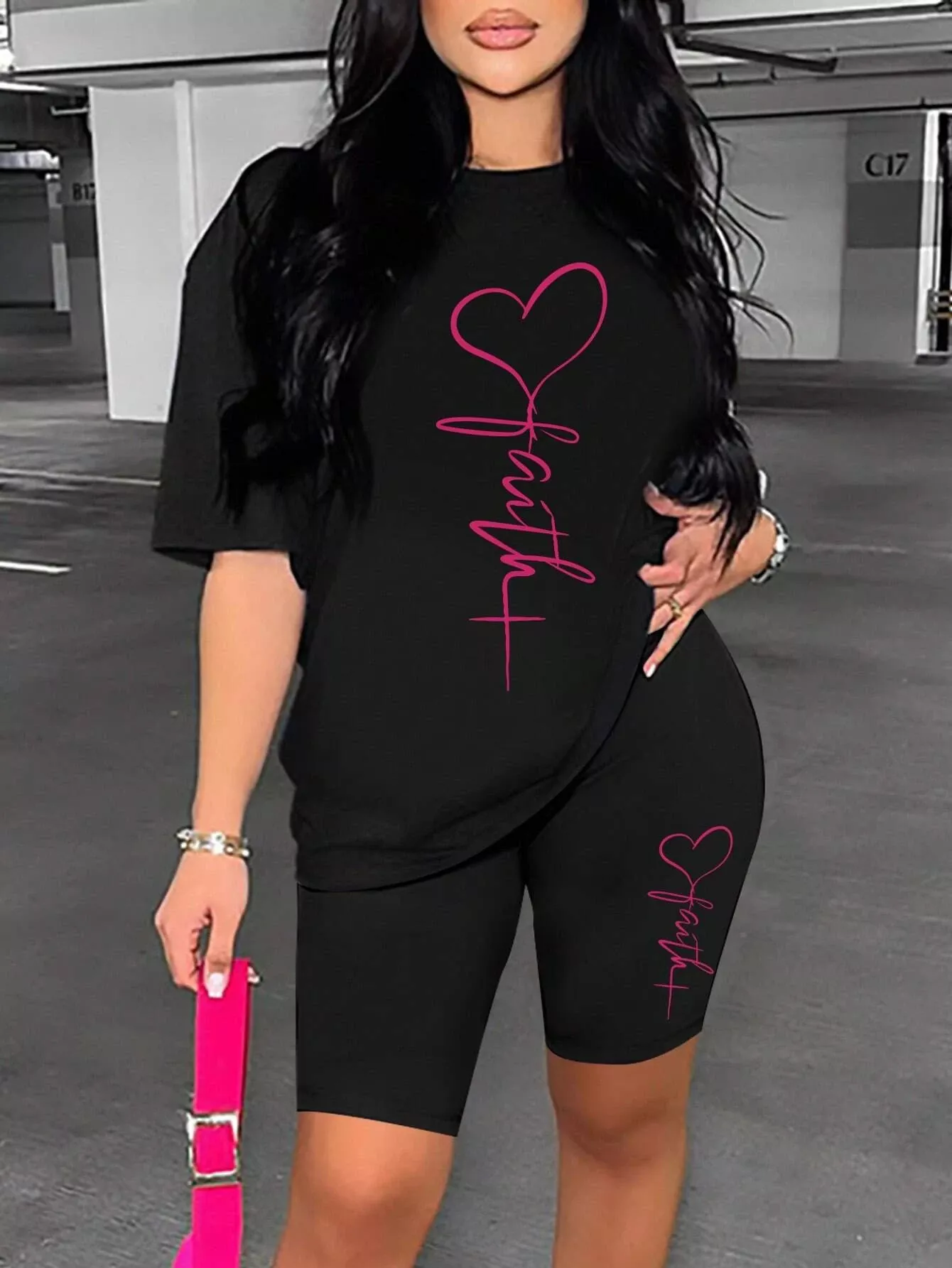 Simple Love Line Printed Women T Shirts Two Piece Set Fashion Hip Hopshort Sets Breathable Casual