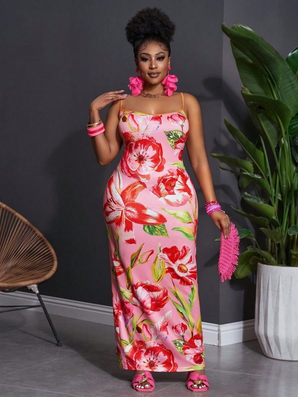 Plus Size Fitted Pink Floral Print Maxi Vacation Casual Cami Dress, Spring/Summer