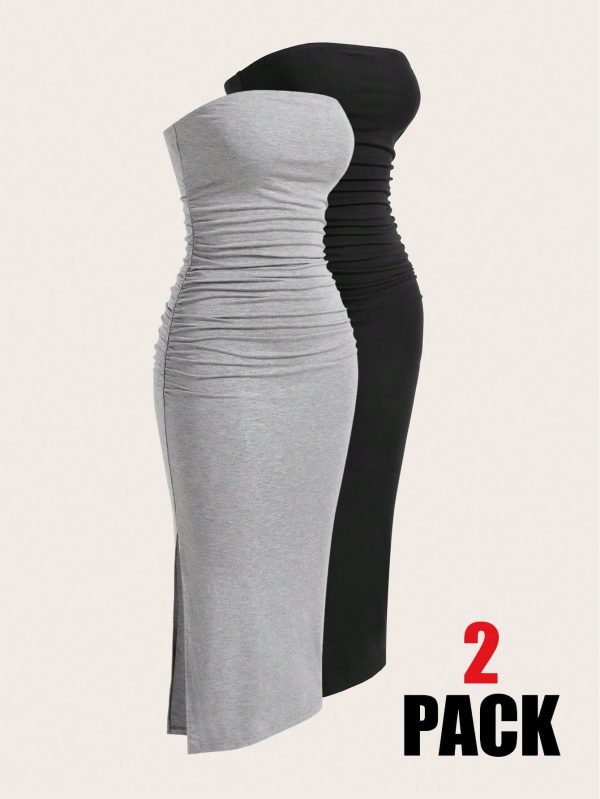 Multicolor Knitted Split Strapless Dress,Summer Dresses For Women