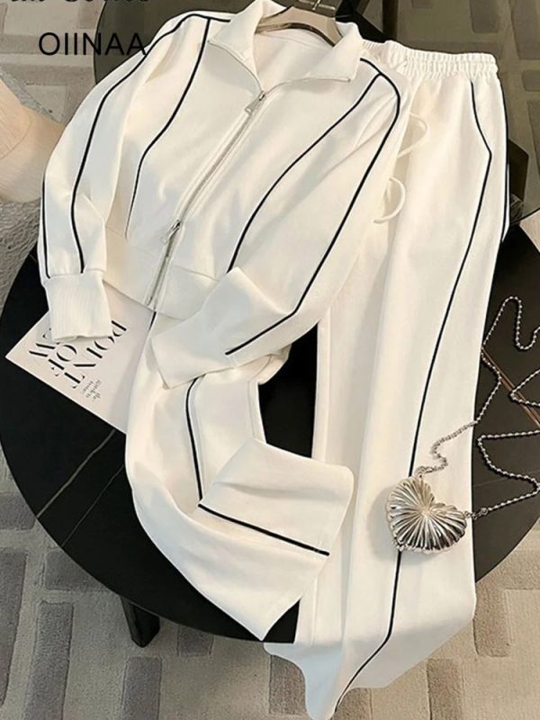 Oiinaa Two Piece Pants Set Women Zipper Turn-down Collar Wide Leg Pants Autumn Winter 2025 New