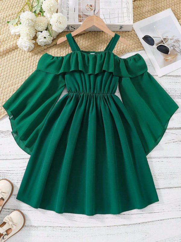 Tween Girls Solid Color Ruffle Trim Ruffle Flared Sleeve Dress,Holiday Summer Travel