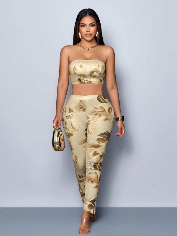 2pcs/Set Women Tube Top Floral Print Blouse And Long Pants, (Print Randomly)