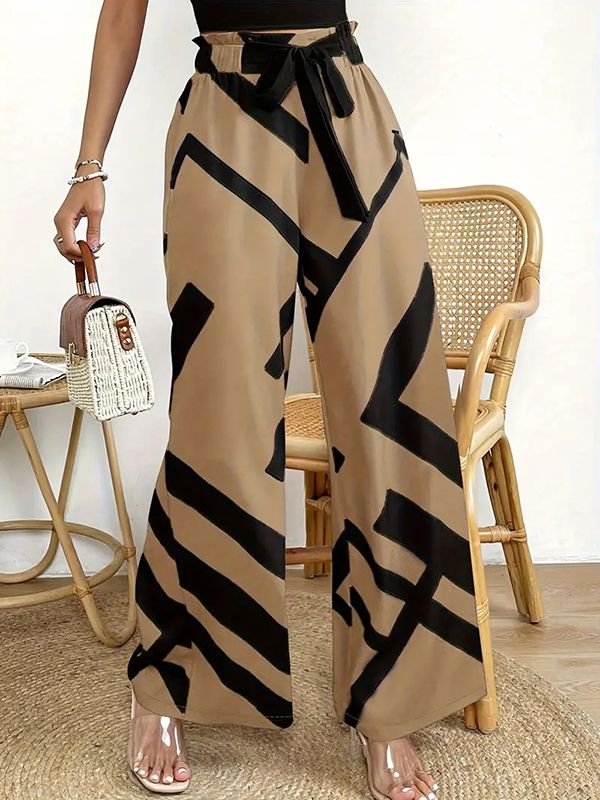 Drawstring Elasticity Printed Striped Loose Wide Leg Trousers Pants KHAKI-XL