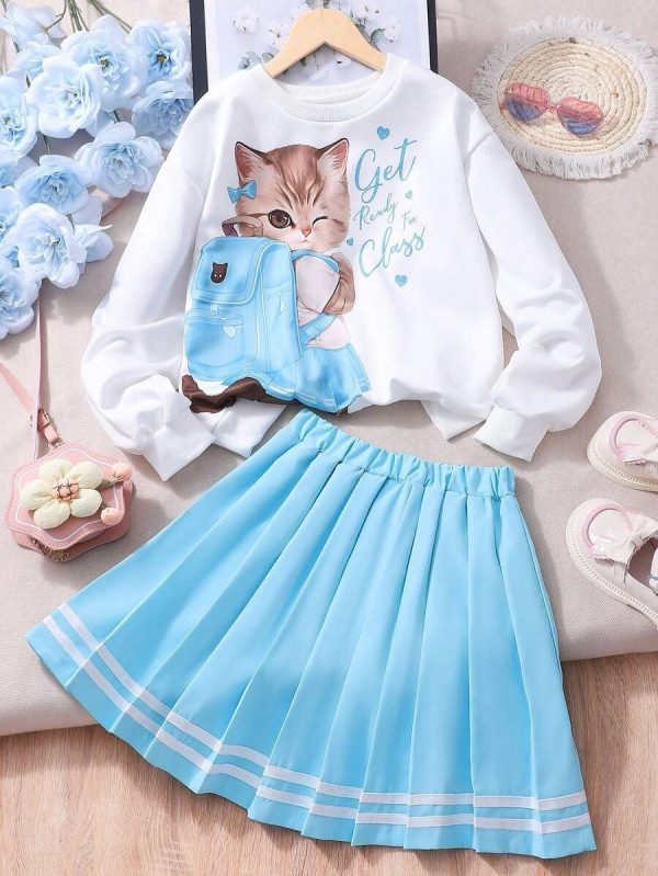 2pcs/Set Tween Girl Cute Cat Print Sweatshirt & Pleated Mini Skirt Outfit