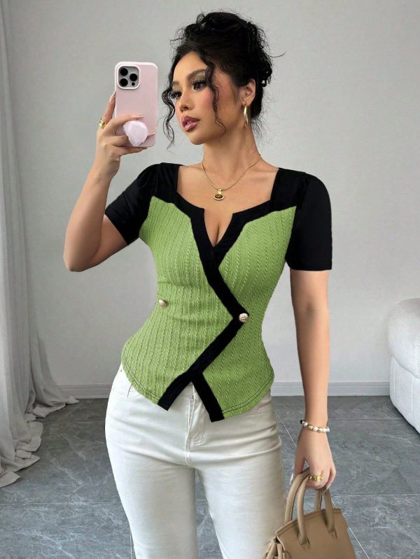 Women's Stylish & Elegant Short Sleeve T-Shirt, Asymmetrical Neck, Black & Khaki Color Block With Black Piping, Waist Definition, Asymmetrical Hem, Textured Fabric, Faux Button Placket, Spring/Summer
