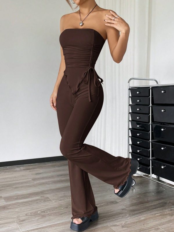 2pcs Summer Casual Solid Color Ruched Asymmetric Hem Tube Top And Flared Pants Set