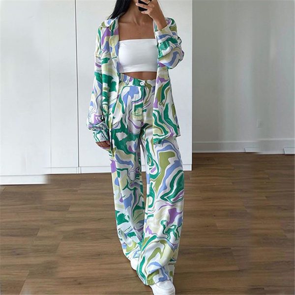 Women Shirt Pants Set Fashion Print Suit Casual Loose Elegant Long Sleeve Blouse Trousers Two Piece