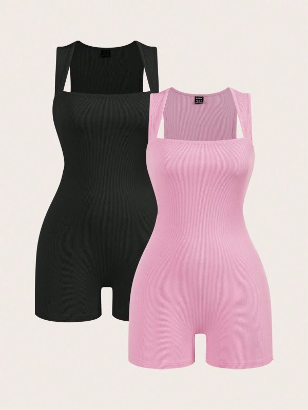 2pcs/Set Women's Casual Solid Color Knit Jumpsuit With Transformable Neckline, Sleeveless