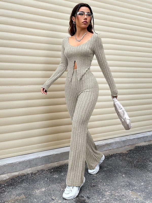 Solid Color Ribbed Knit Two Piece Set
