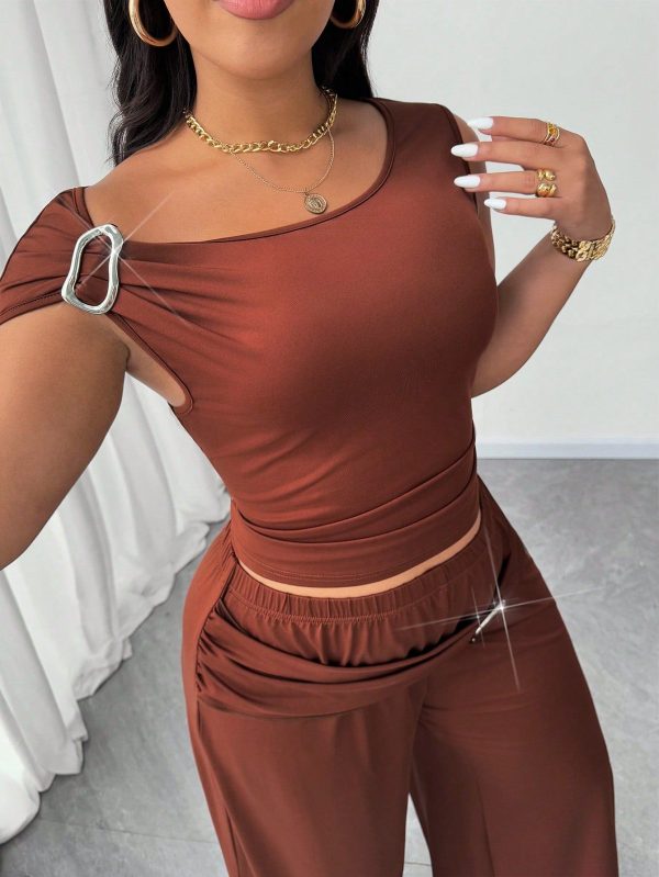 Plus Size Women Asymmetrical Neck Metal Buckle Elastic Casual Sexy 2 Pieces Set