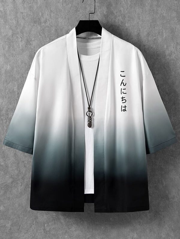 Manfinity Hypemode Loose Fit Men's Ombre Kimono With Japanese Letter Graphic Colorful, Drop Shoulder Style (Without T-Shirt), For Boyfriend Gift, Going Out