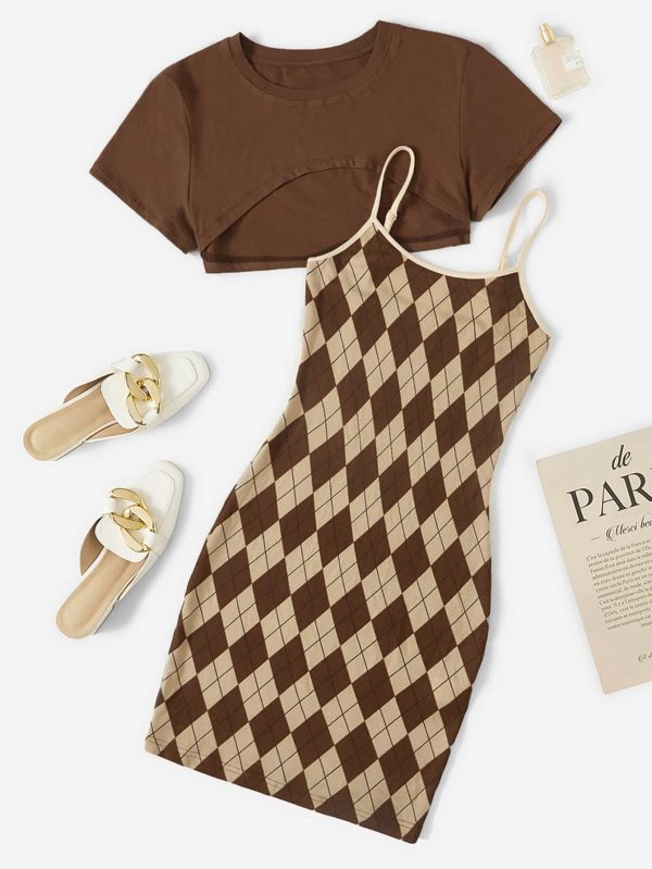 High Low Hem Tee & Argyle Print Cami Dress