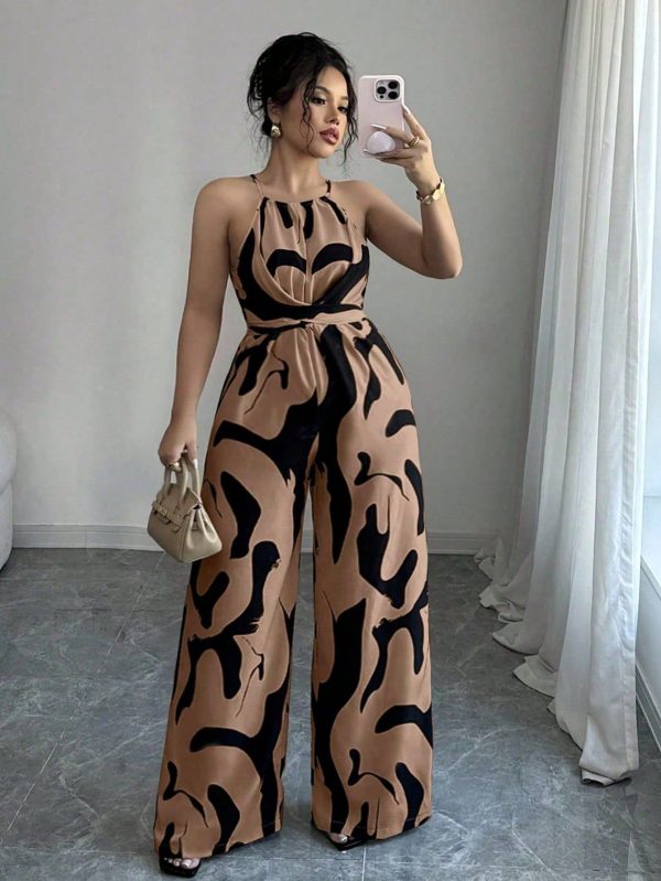 Plus Size Women's Printed Fabric Waist Cincher Jumpsuit, Elegant Design For Holiday And Daily Wear