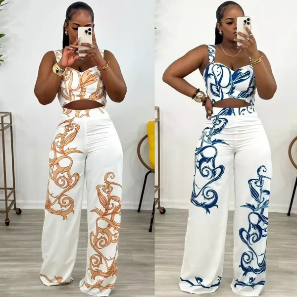 Sexy Printing High-Waisted Bell Bottoms 2-Piece Set S10805 European American Style Tank Top And
