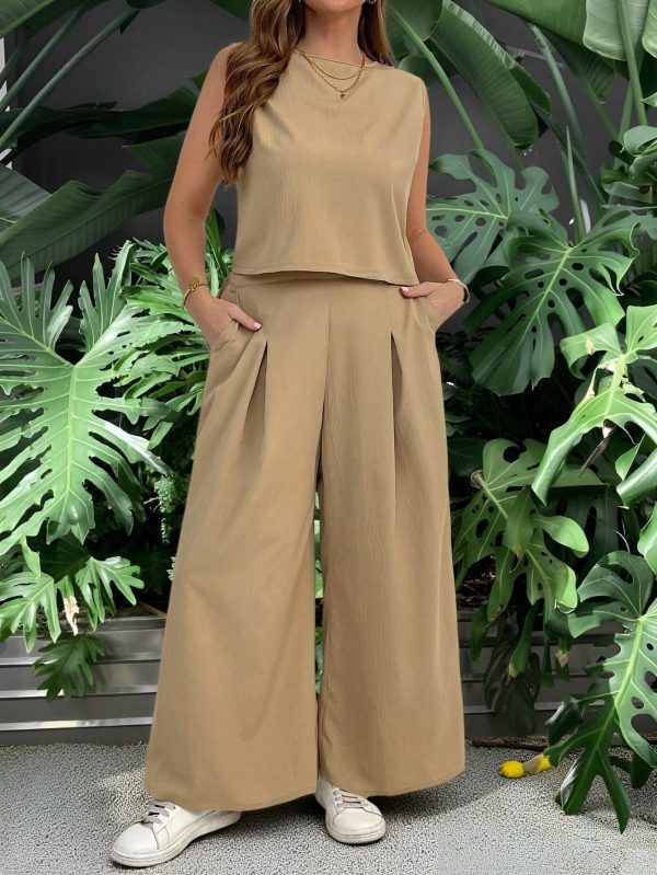 Plus-Size Women's Casual Vacation Set, Women's Summer Two Pieces Set, Cuffless Set, Summer Wide-Leg Pants Linen Set Two Pieces Summer Set Vacation Two Pieces Set Summer Outfits For Women