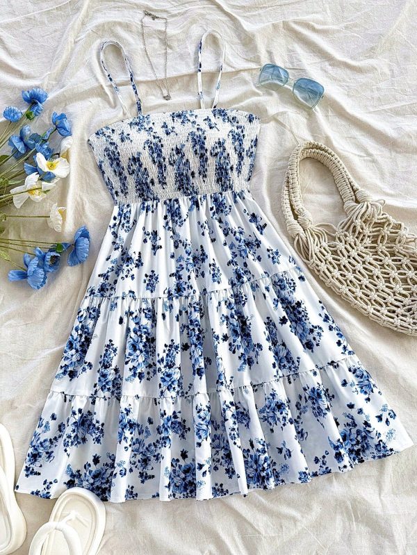 Women's Vacation Summer Romantic Casual Ditsy Floral Tie-Dye Watercolor Floral Elastic Waist Casual Spring Midi Dress, Outfit Suitable For Graduation, Party, Garden Tea, Wedding Events