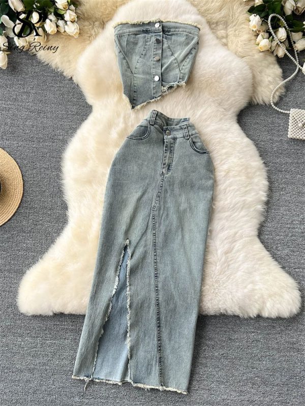 SINGREINY Streetwear Irregular Design Denim Two-piece Set Strapless Button Ruched Top+High Waist
