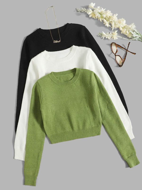 3pcs Solid Round Neck Sweater,Long Sleeve Tops