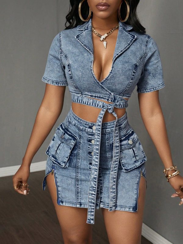Women's Summer Lapel Short Sleeve Waist Tie Hollow Cargo Pocket Sexy Denim Dress