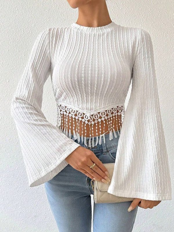 Women's Flare sleeve Tassel Casual Slim T-shirts,Women Clothing,Women Top,Crop Top,Tops For