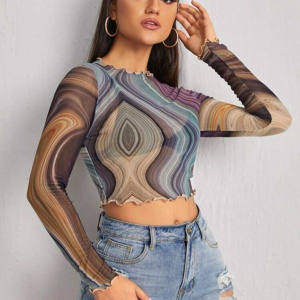 Shein Tops | Mesh Crop Top | Color: Green/Tan | Size: Xl