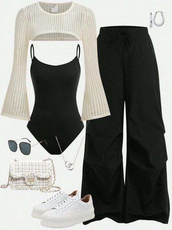 Teen Girl 3pcs/Set , Black Apricot, Autumn And Winter, Casual And Versatile, Street Style, Parent-Child Matching, Back-To-School Day,Solid Color Hollow Out Jacquard Knit Tank Top,Suspender Bodysuit And Casual Pants Outfit