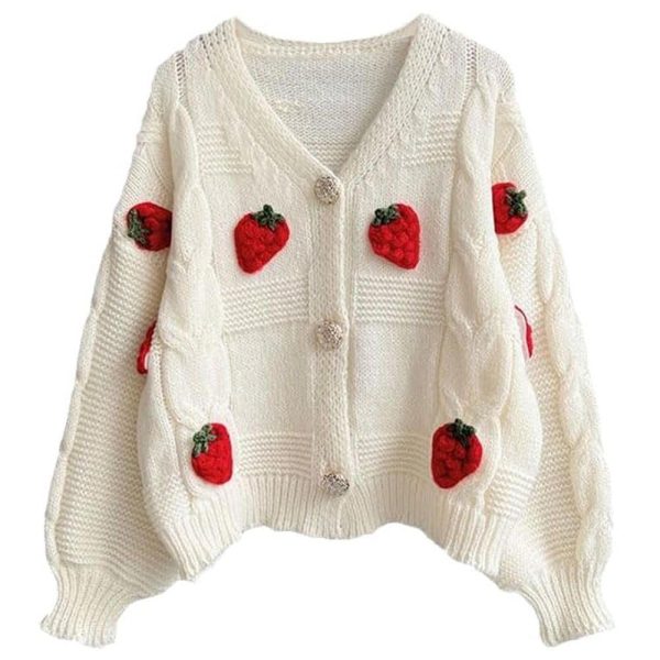 3D Strawberry Pattern Cardigan - M / White