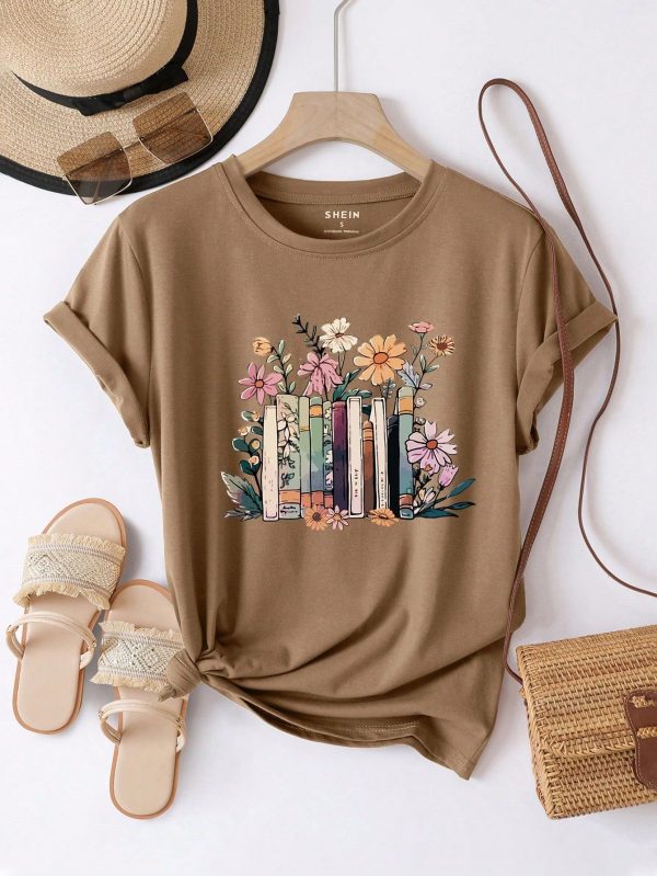 Tree And Flower Print Round Neck Short Sleeve Summer Casual T-Shirt Graphic Tees Women Tops