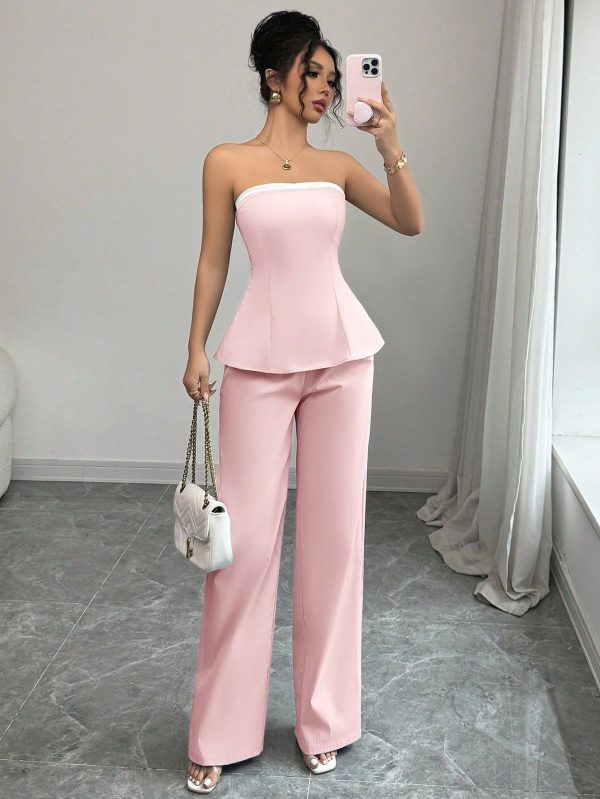 French Elegant White Splicing Collar Strapless Crop Top & Straight Leg No Stretch Blue Pants Autumn/Winter Women 2pcs Set, Versatile Casual Outfit