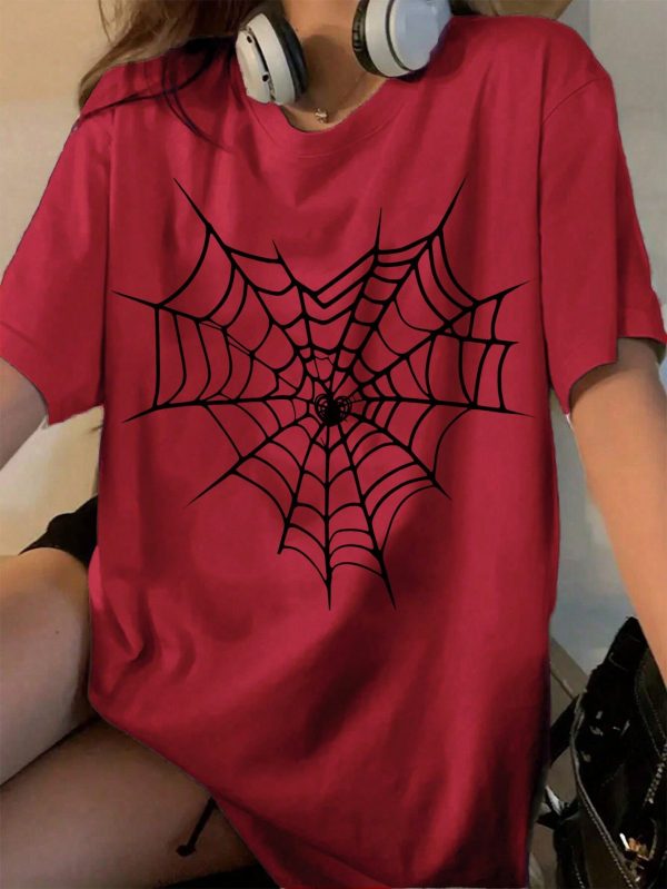 Casual Spider Web Print Oversized Loose Burgundy Women's Round Neck Short Sleeve T-Shirt, Suitable For Summer