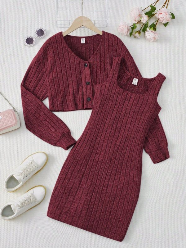 2pcs/Set Teen Girl Ribbed Knit Crew Neck Long Sleeve Cardigan Dress, Casual Holiday Outfit