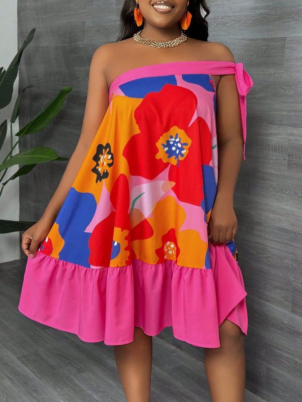 Plus Size Casual Solid Color Pink Patchwork Contrast Print Ruffle One Shoulder Swing Summer Dress, Vacation
