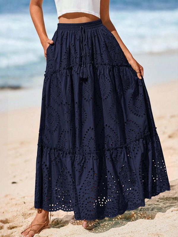Women's Casual Lace Embroidery Eyelet Elastic High Waist Tiered A-Line Flowy Long Skirt Summer Boho Bohemian Beach Spring Holiday Vocation Going Out Long Maxi Skirt Outfits