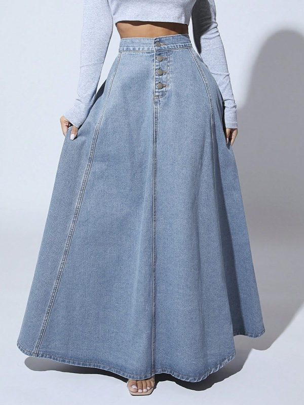 High Waist Button Fly Flare Hem Denim Skirt
