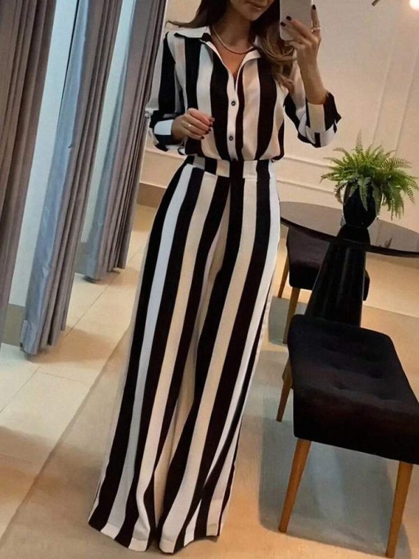 Franclia 2pcs Women French Elegant Stripe Long Sleeve Buttoned Shirt And Wide Leg Pants Set
